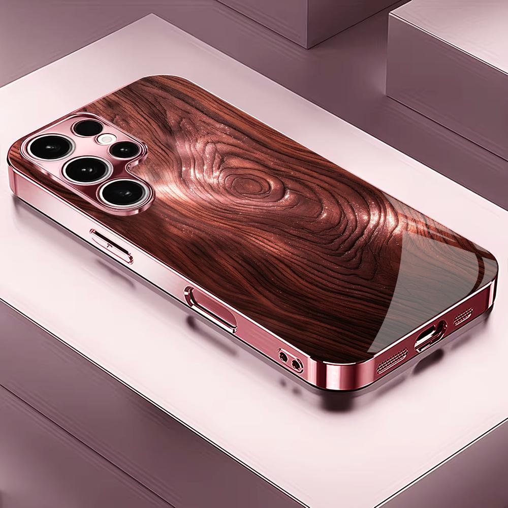 Phone Cases Metal - Pink glass Wood grain Tempered Glass