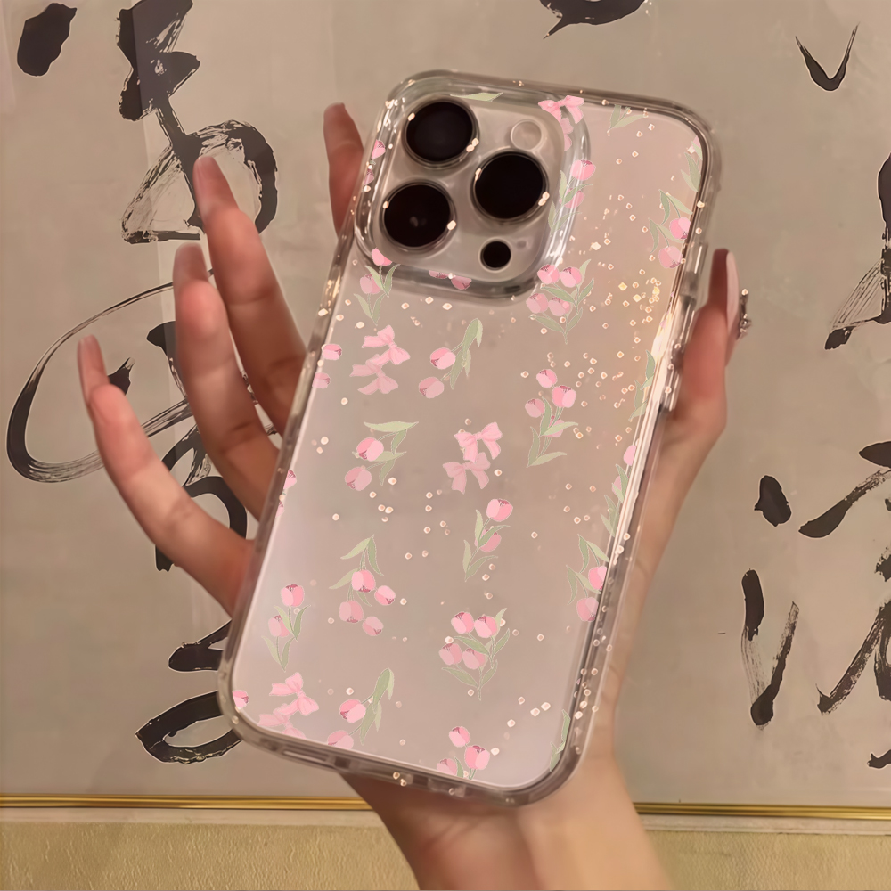 Luxury Blue Flower Clear Glitt - Glitter Shockproof Case 评论和价格