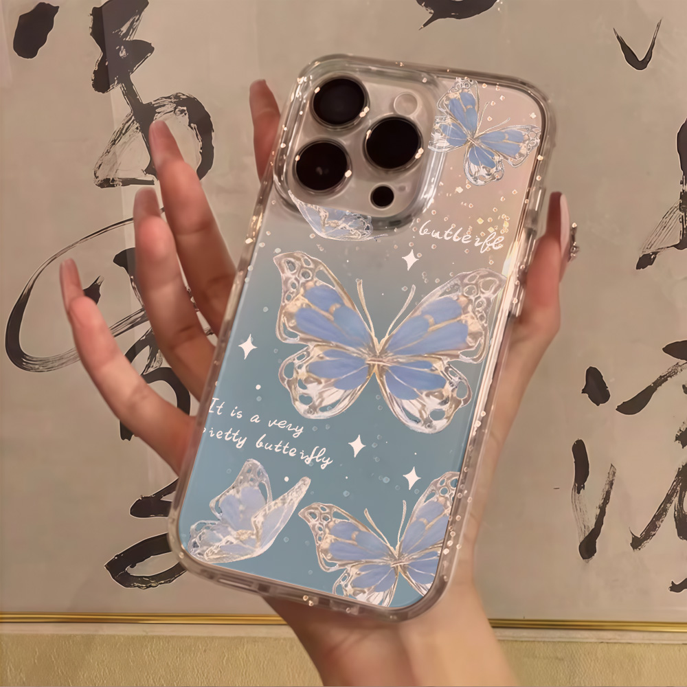 Luxury Blue Butterfly Clear Gl - Glitter Shockproof Case 评论和价格